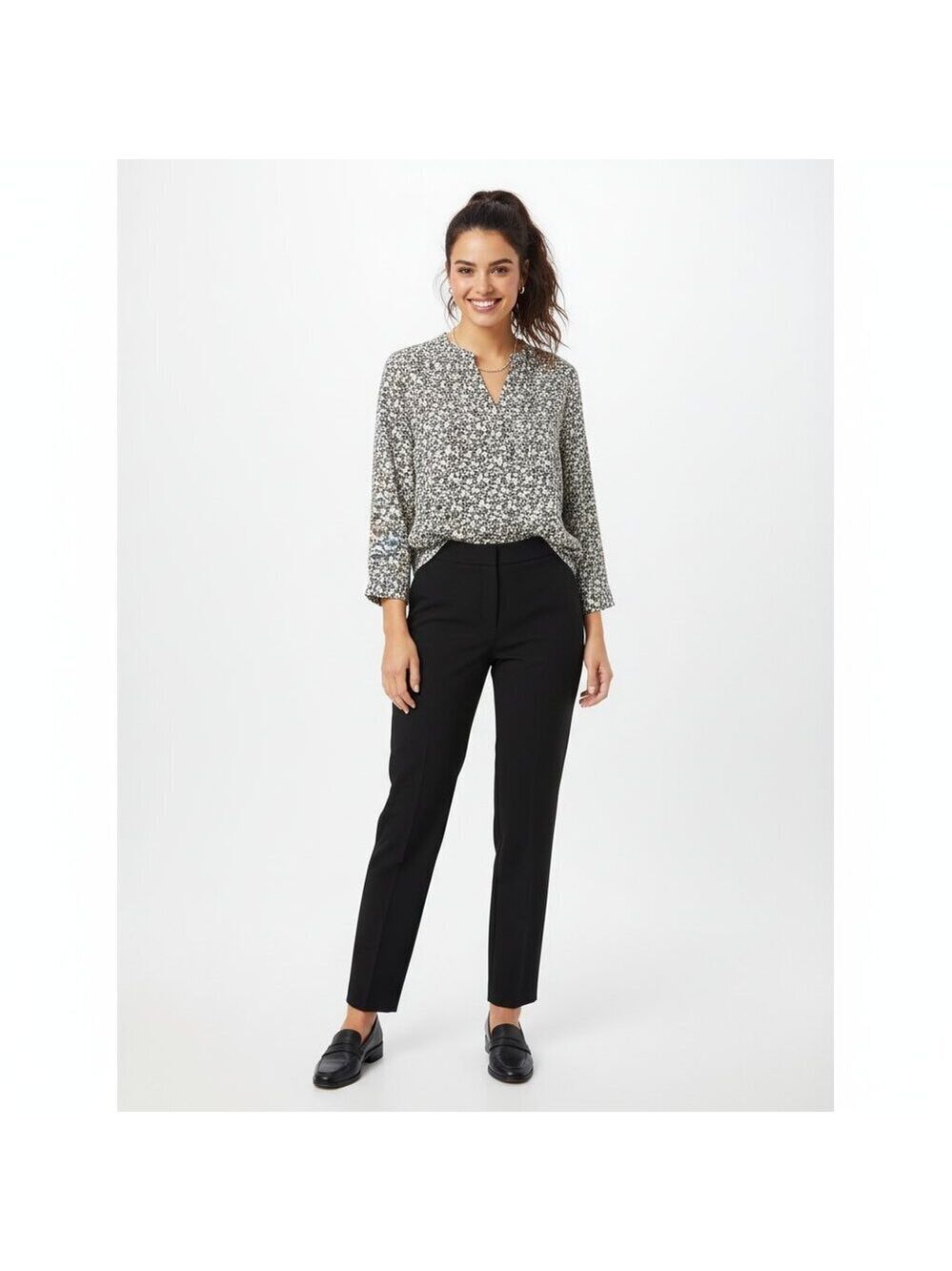 *ALFRED SUNG Black White V Neck Relaxed Blouse 3/4 Sleeve L